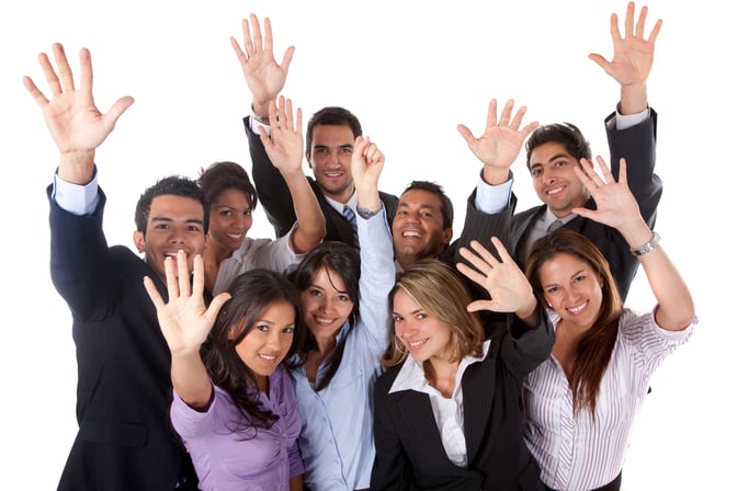 Business group with their hands in the air - isolated